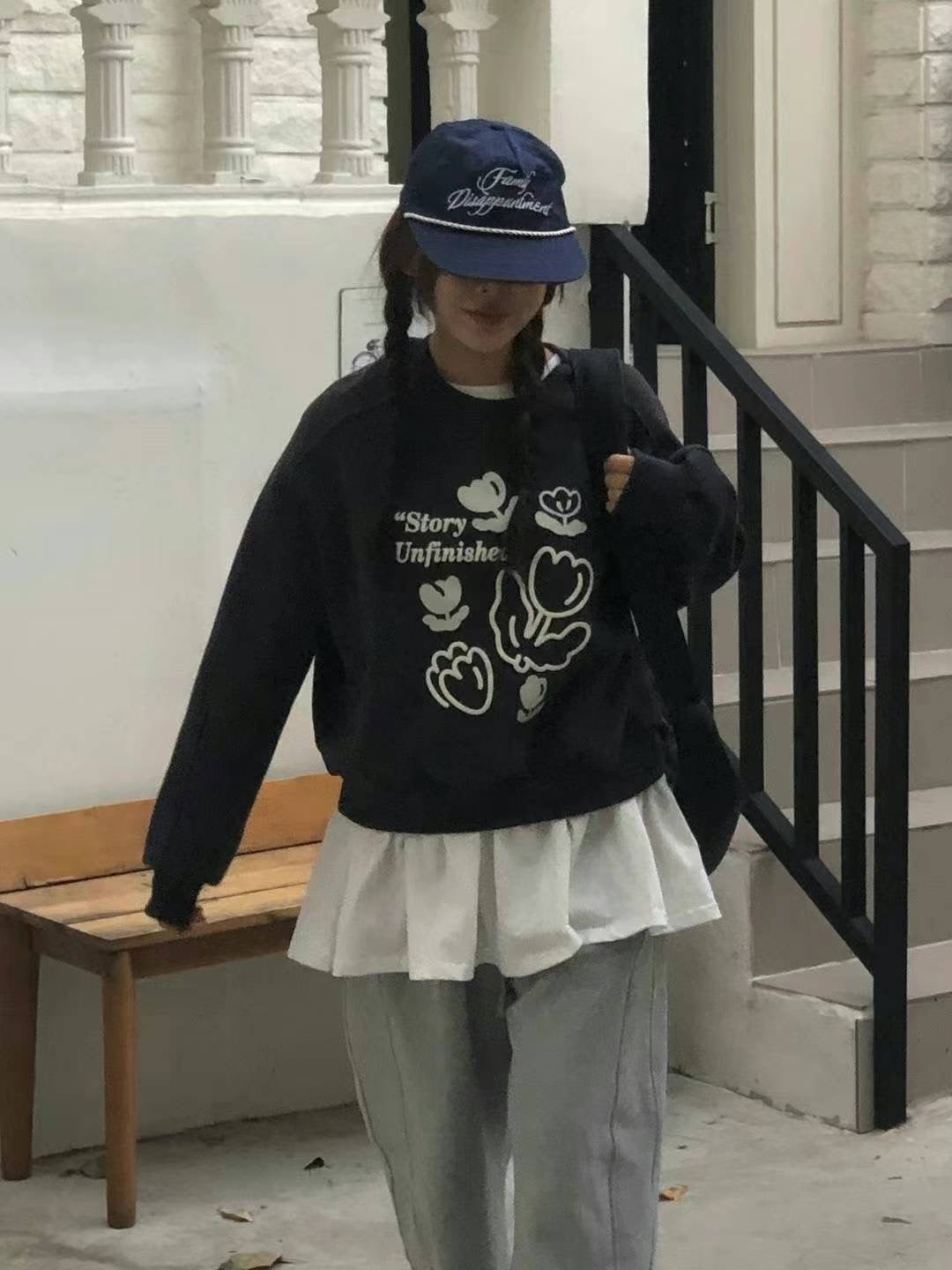 Korean APM Collection Napping Navy Flowers Sweatshirt (Instock)