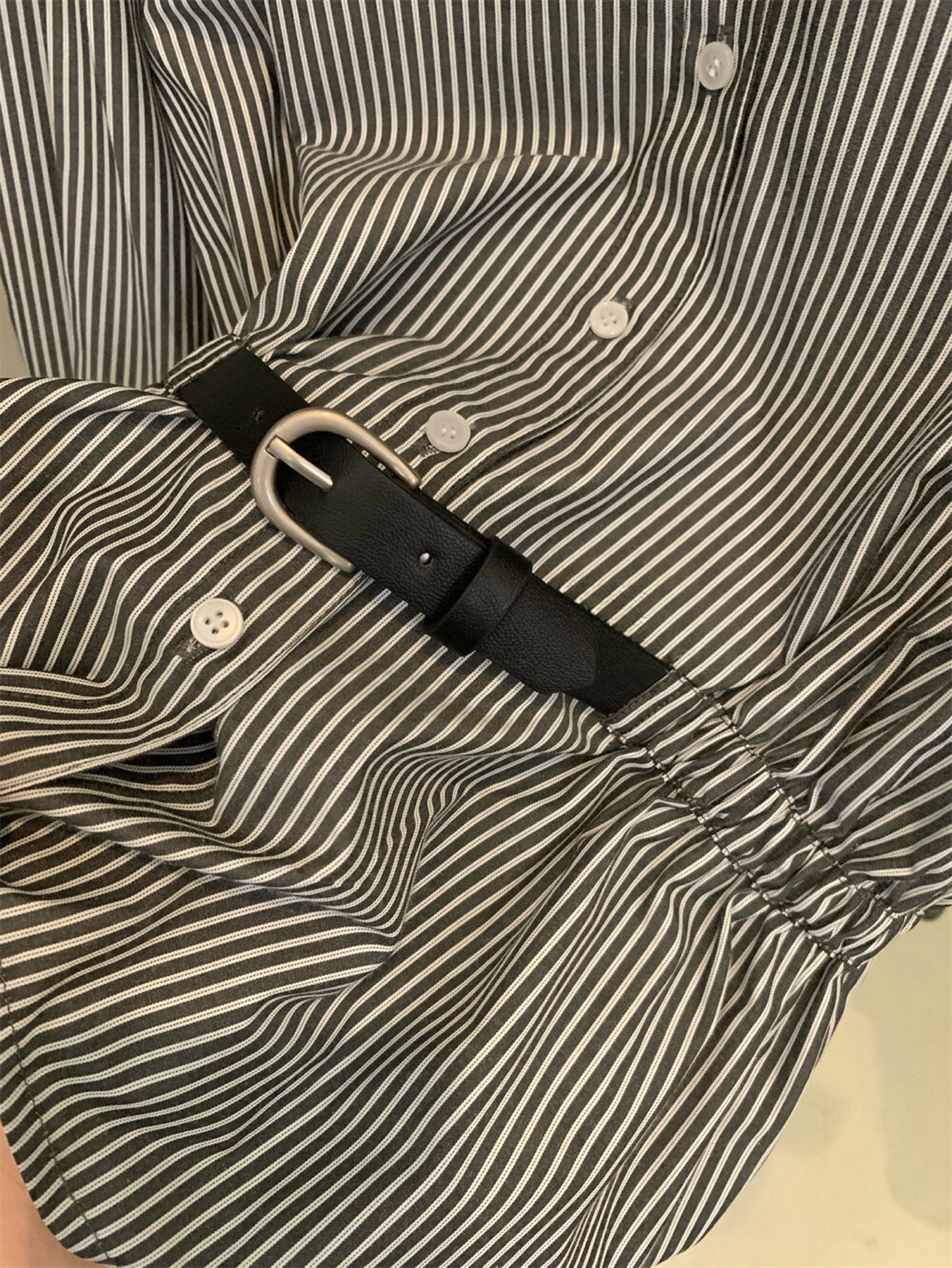 Kelly Designs Two Colors Striped Statement Waist-Cinched Shirt (Instock)