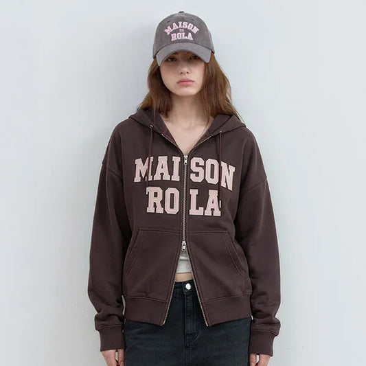 Korean Collection Rolarola Patchwork Campus Hood Zip Up Brown (InStock)