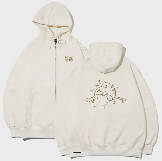 Korean Collection Enjoy Cat Zip Up Oversize Beige Hoodie (Instock）