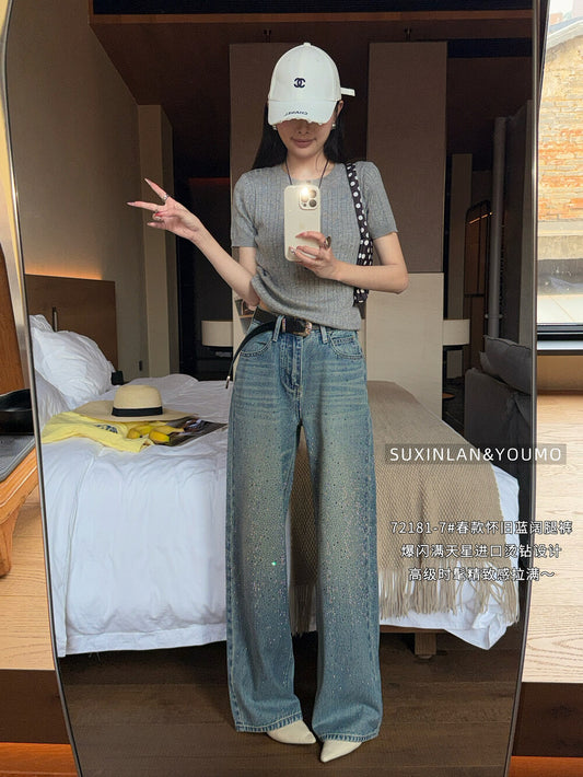 Kelly Designs Rhinestone Wide-Leg Jeans with Belt – Vintage Blue (Instock)