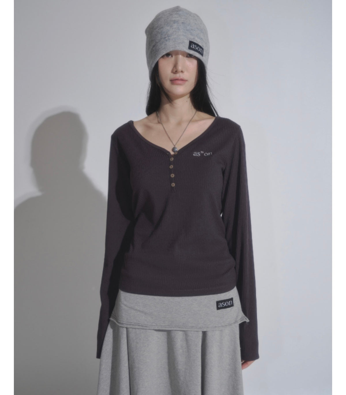 ASON Wish Ribbed Button Long Sleeve Tee – Charcoal (Instock)