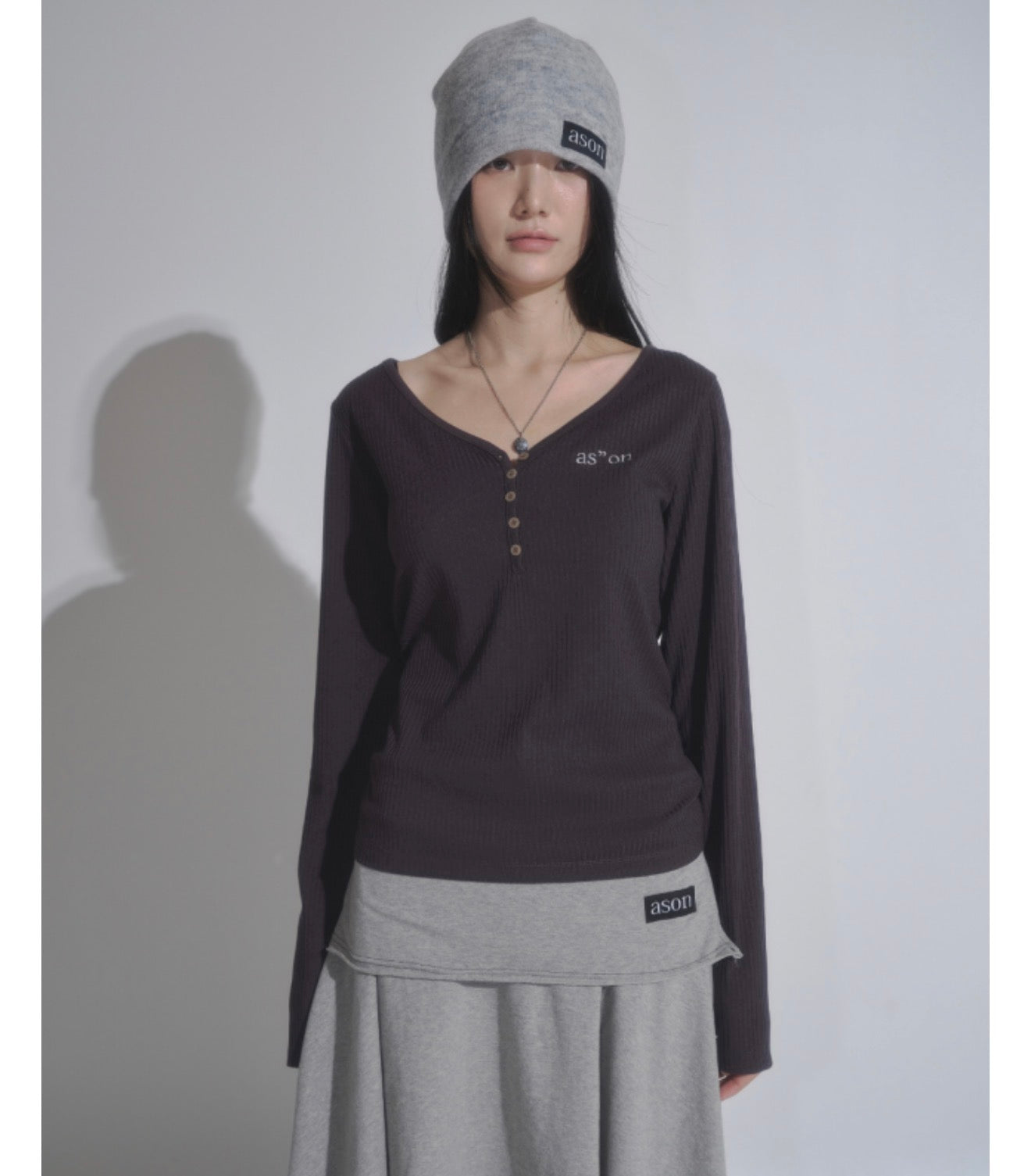 ASON Wish Ribbed Button Long Sleeve Tee – Charcoal (Instock)