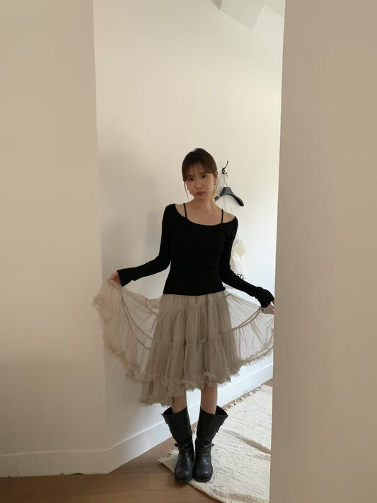 Kelly Designs Mid Length Puff Grey Skirt & Black Top (Instock)