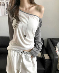 Korean Asymmetric Off-Shoulder Contrast Long Sleeve Top - 4 Colors (Instock)