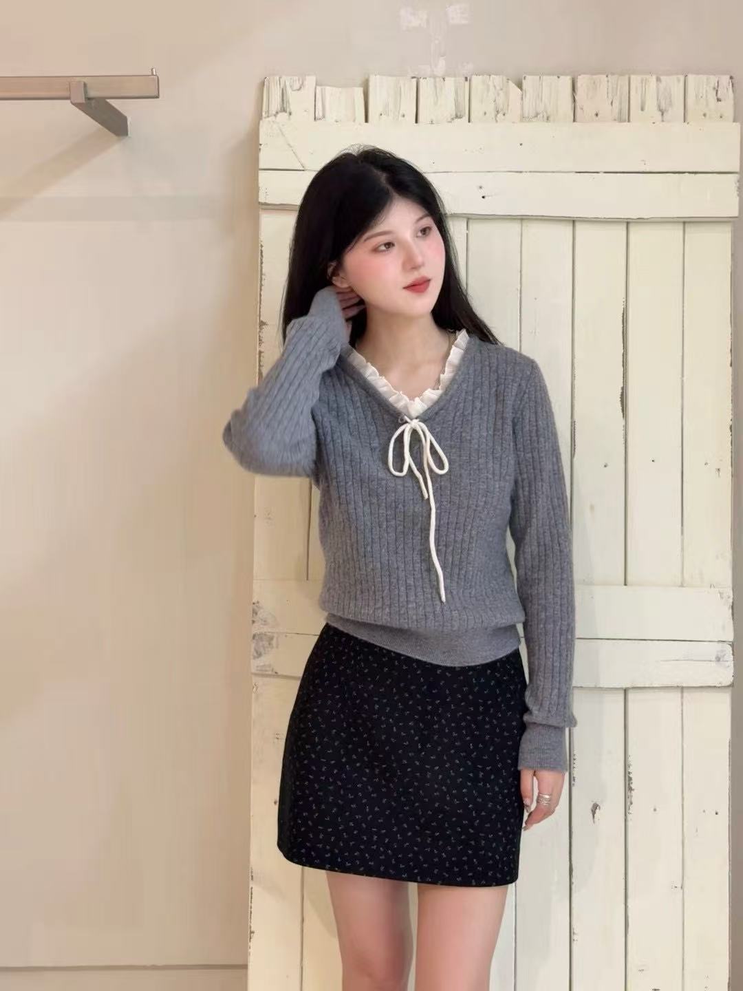 Kelly Designs Ribbon Layers Grey Wool Top (Instock)