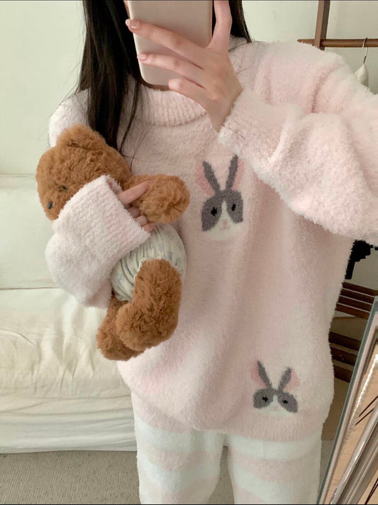 Kelly Designs Ultra-Soft Pink Bunny Fleece Pajama Set – Cozy Top & Pants (2-Piece Set) (Instock)