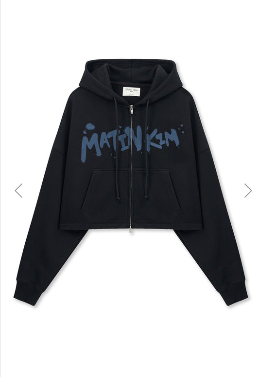 Korean Collection Matin Kim GRAFFITI LOGO CROP HOODY ZIP UP IN BLACK (Instock)