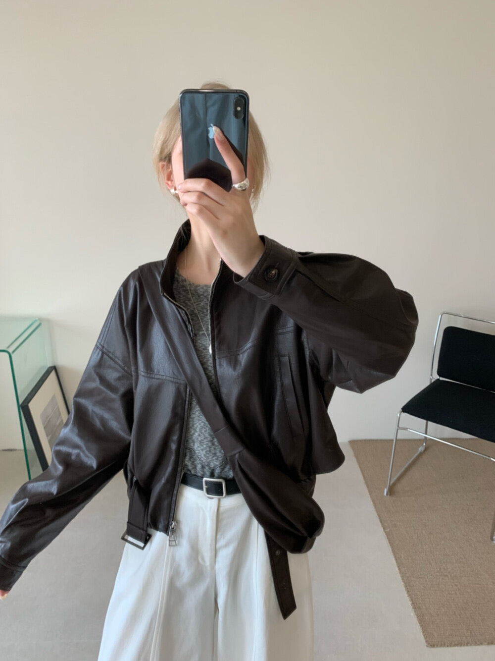 Kelly Designs 3colors Soft PU Leather Hoodie Jacket With Bag Set (Instock)