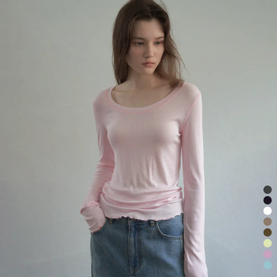 Korean Soft U-Neck Contrast Stitch Long Sleeve Top – 7 Colors (Instock)