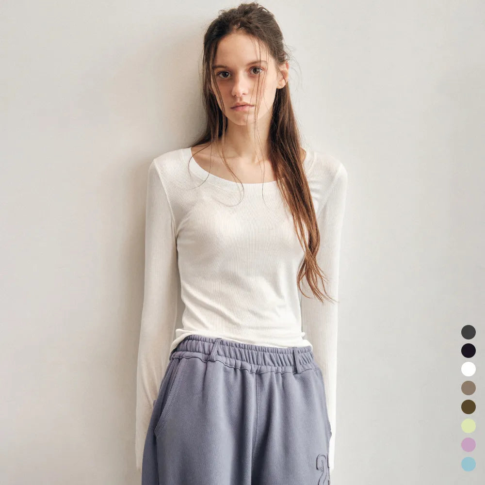Korean Soft U-Neck Contrast Stitch Long Sleeve Top – 7 Colors (Instock)