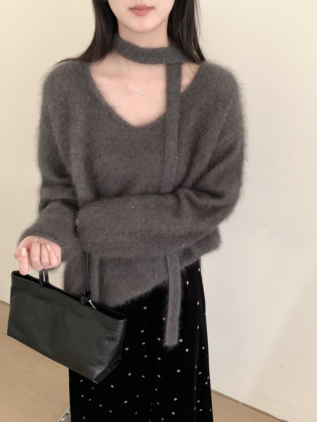 Kelly Designs Soft Mink-Touch V-Neck Knit Sweater with Matching Scarf Tie (Instock)