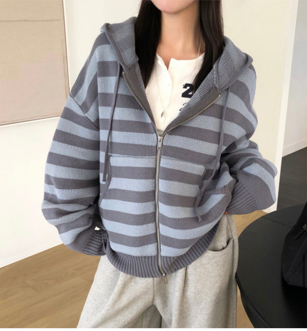 Korean Collection Lucy Oversized Striped Knit Zip-Up Hoodie (Instock)