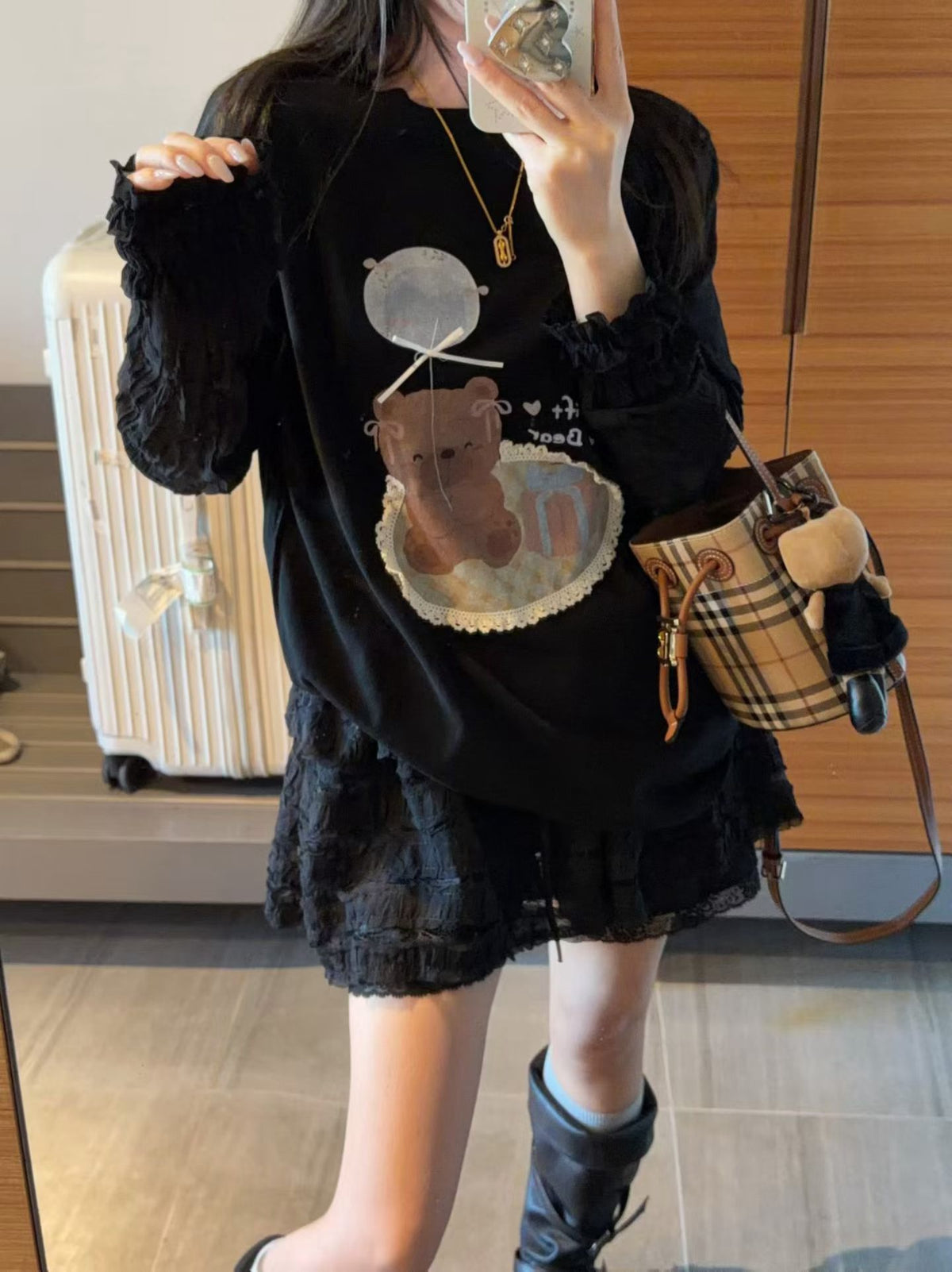 Korean APM Collection Bear Graphic Layered Lace Long Sleeve Tee (Instock)