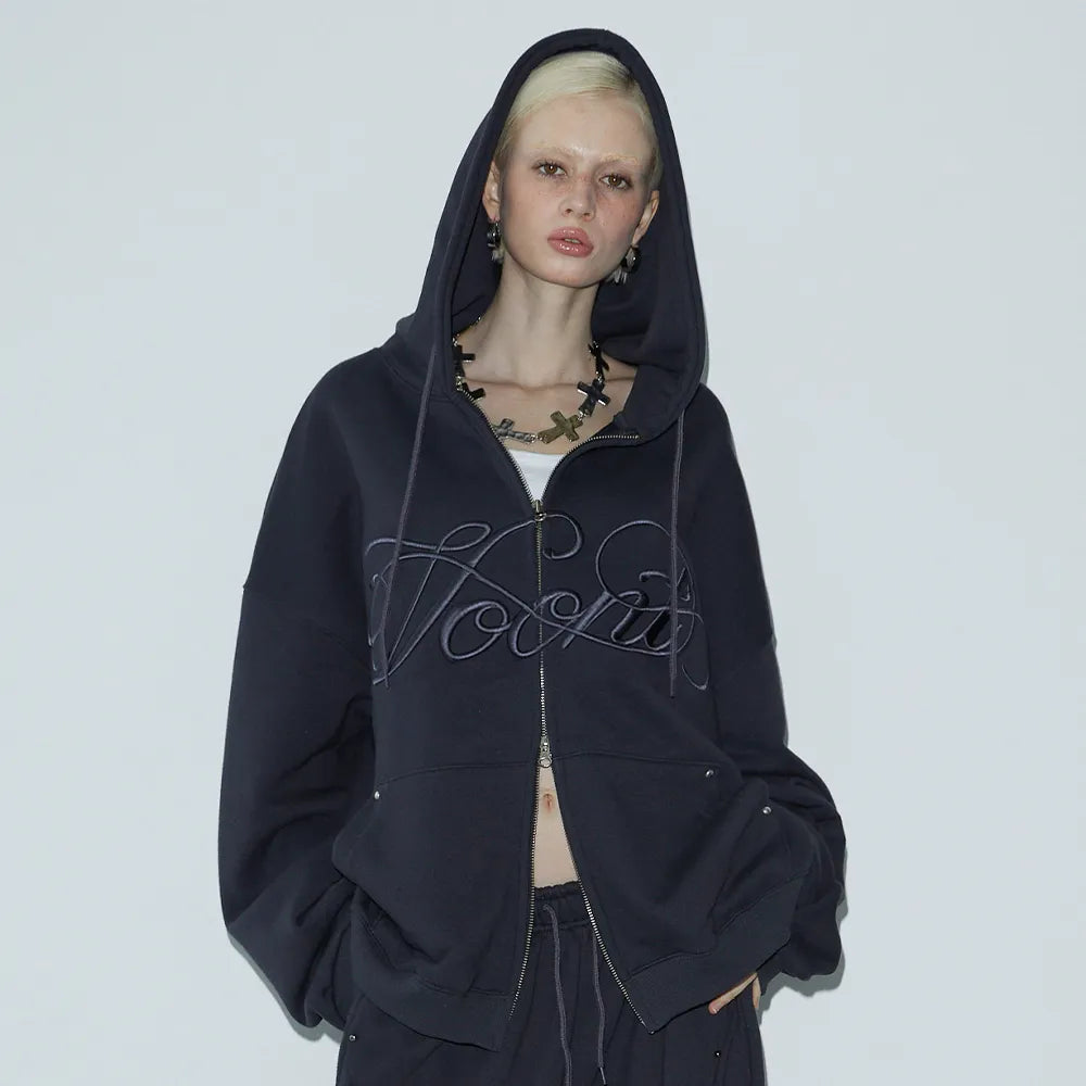Korean VOONT Lettering Embroidery Zip-Up Charcoal Hoodie (Instock)