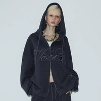 Korean VOONT Lettering Embroidery Zip-Up Charcoal Hoodie (Instock)