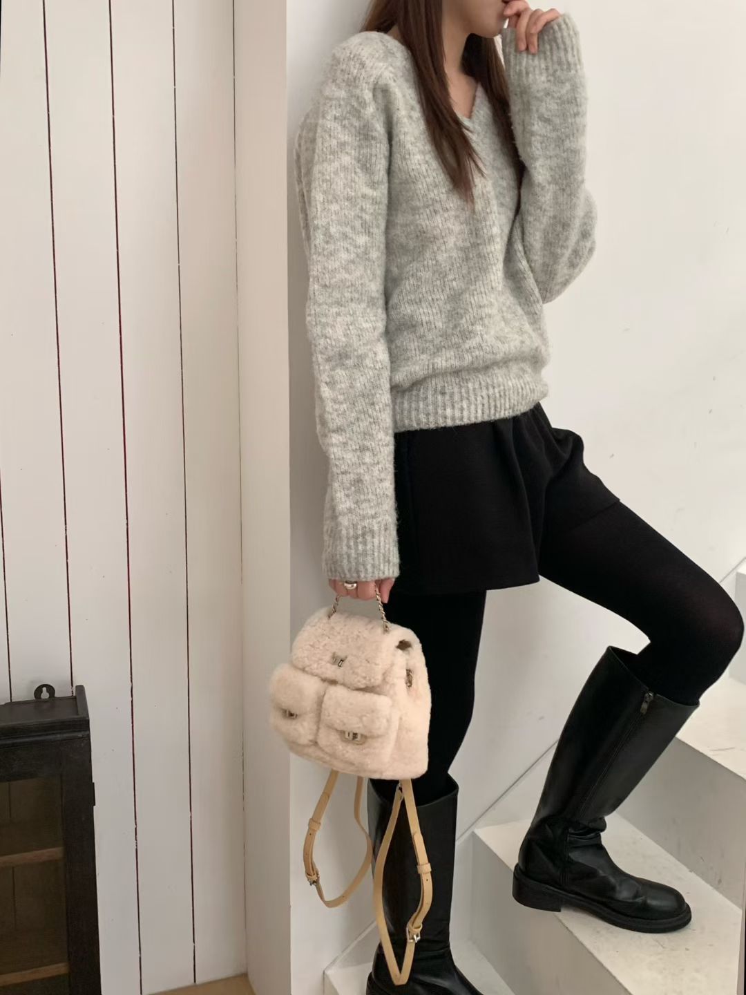 Korean APM Collection Three Colors Shearling Lampwool Backpack(Instock)