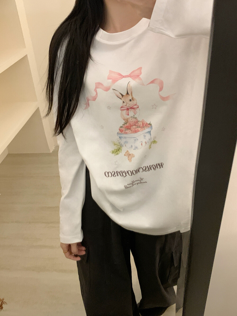 Kelly Designs Brushed Cotton Long-Sleeve Tee – Bow Strawberry Bunny Print (Instock)