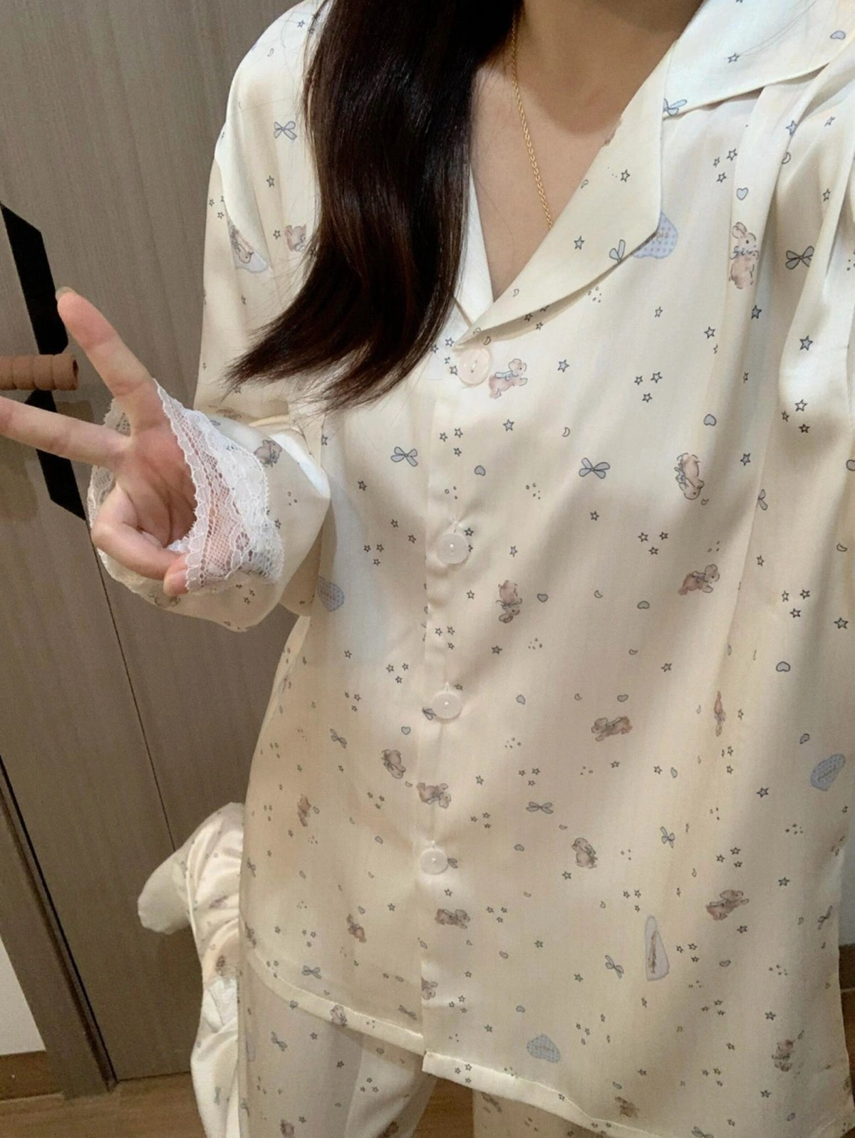 Kelly Designs Bunny Print Satin Pajama Set with Lace Trim & Scrunchie (Instock)