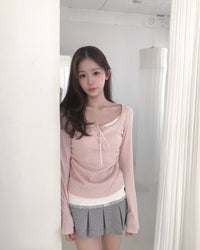 Korean Beauté Ribbon Shirring Top - Pink (Instock)