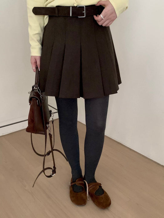 Kelly Designs Thick Pleated Mini Brown Skirt with Belt (Instock)