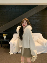 Kelly Designs Fox Fur Hoodie Zip Up White Wool Coat (Instock)