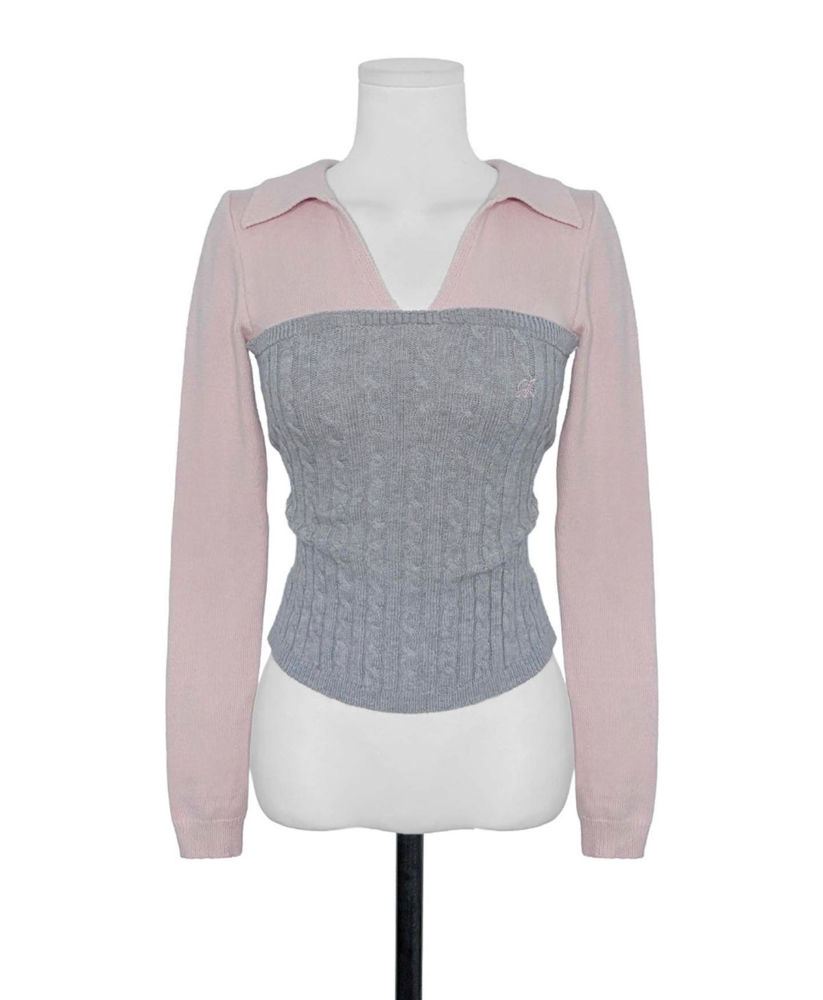 Korean Pink & Grey Layered Bustier Collar Knit Top