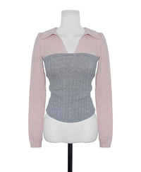 Korean Pink & Grey Layered Bustier Collar Knit Top