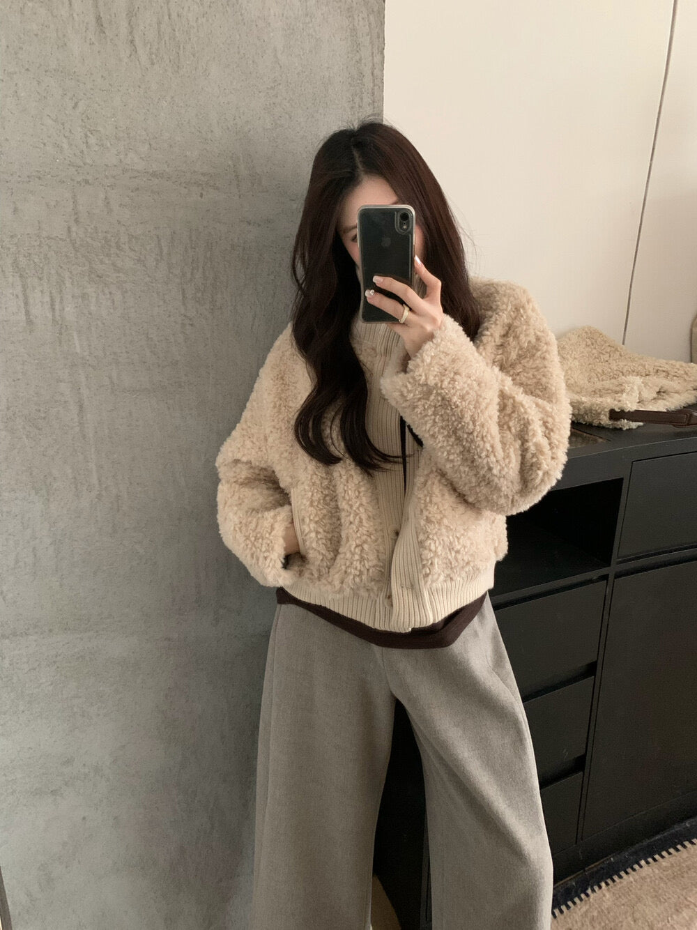 Kelly Designs Soft Teddy Knit-Trim Jacket – Cozy Stand Collar Short Coat (Instock)