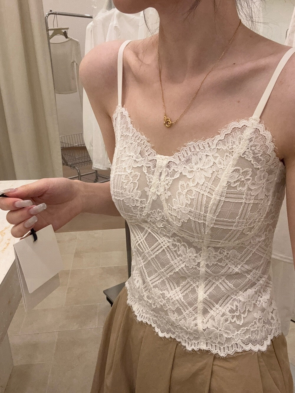 Kelly Designs Soft Ribbed Lace Tank with Built-In White Bra Top (Instock)
