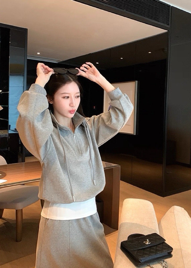 Kelly Designs Two-Piece Hoodie & Midi Skirt Set - Pink/Grey (Instock)