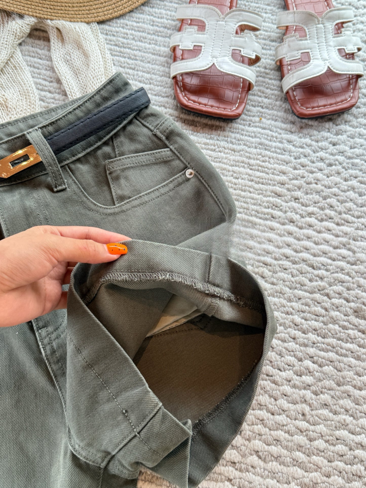 Kelly Designs Soft Denim Shorts With Belt -Charcoal Green (Instock)