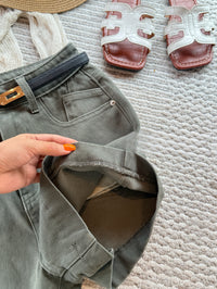 Kelly Designs Soft Denim Shorts With Belt -Charcoal Green (Instock)