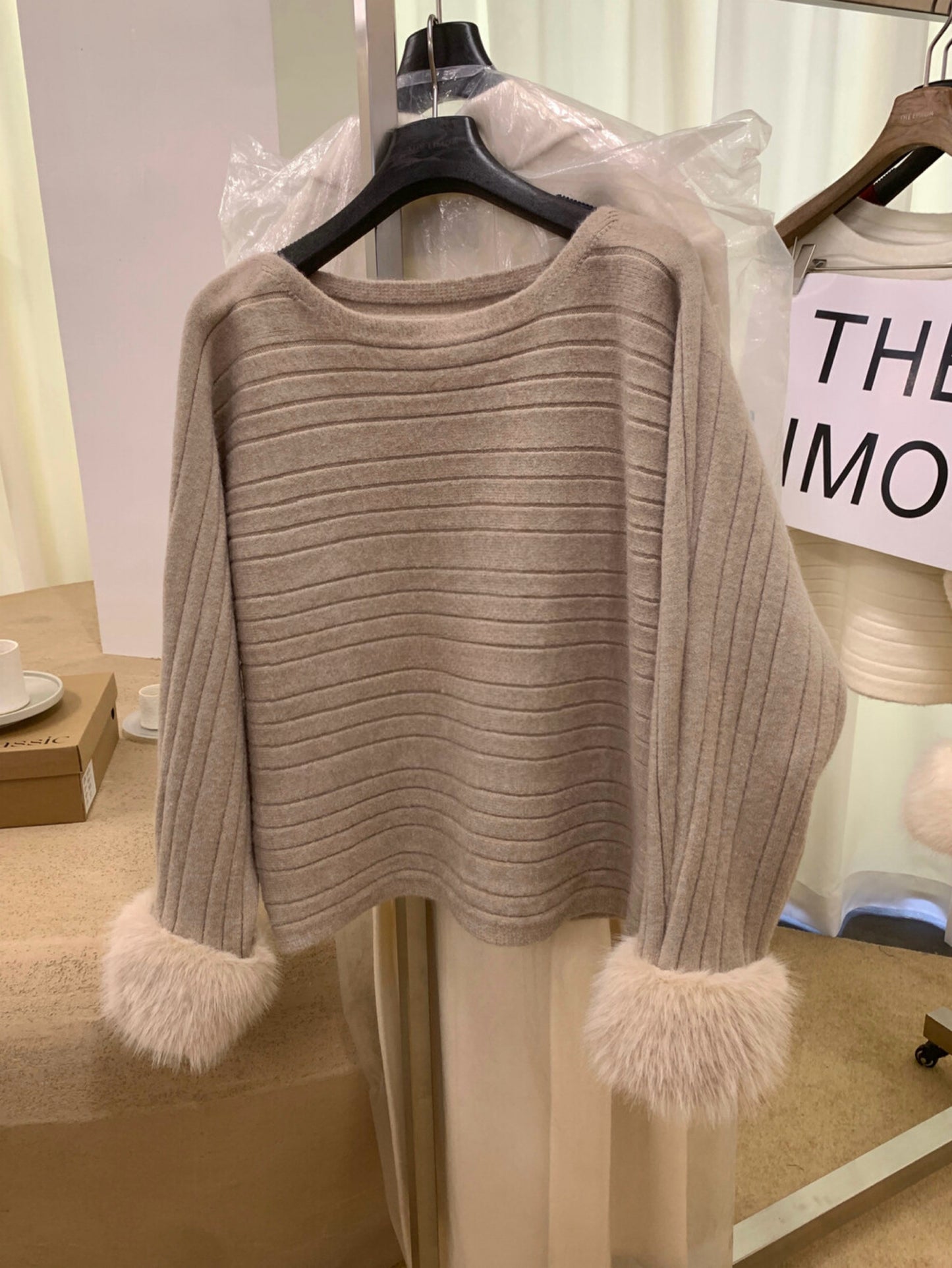 Kelly Designs  French-Inspired Off-Shoulder Knit Sweater with Fur Cuffs (Instock)