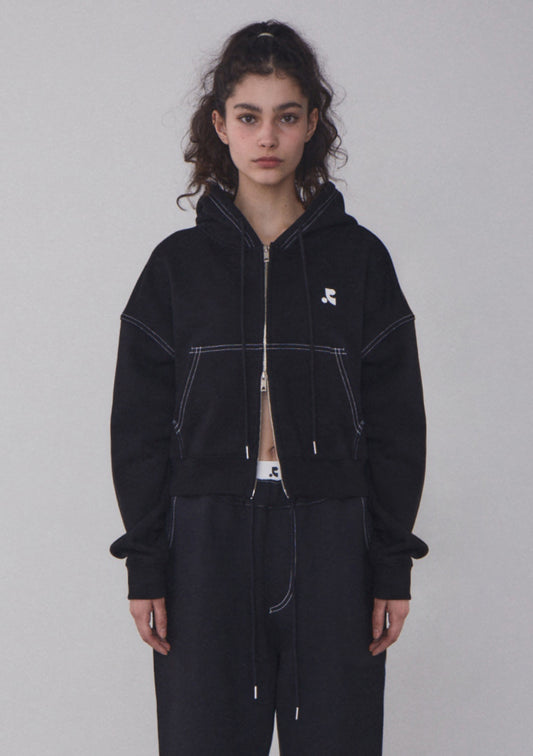 Rest&Recreation RR STITCH CROPPED HOOD ZIP-UP - BLACK(Instock)