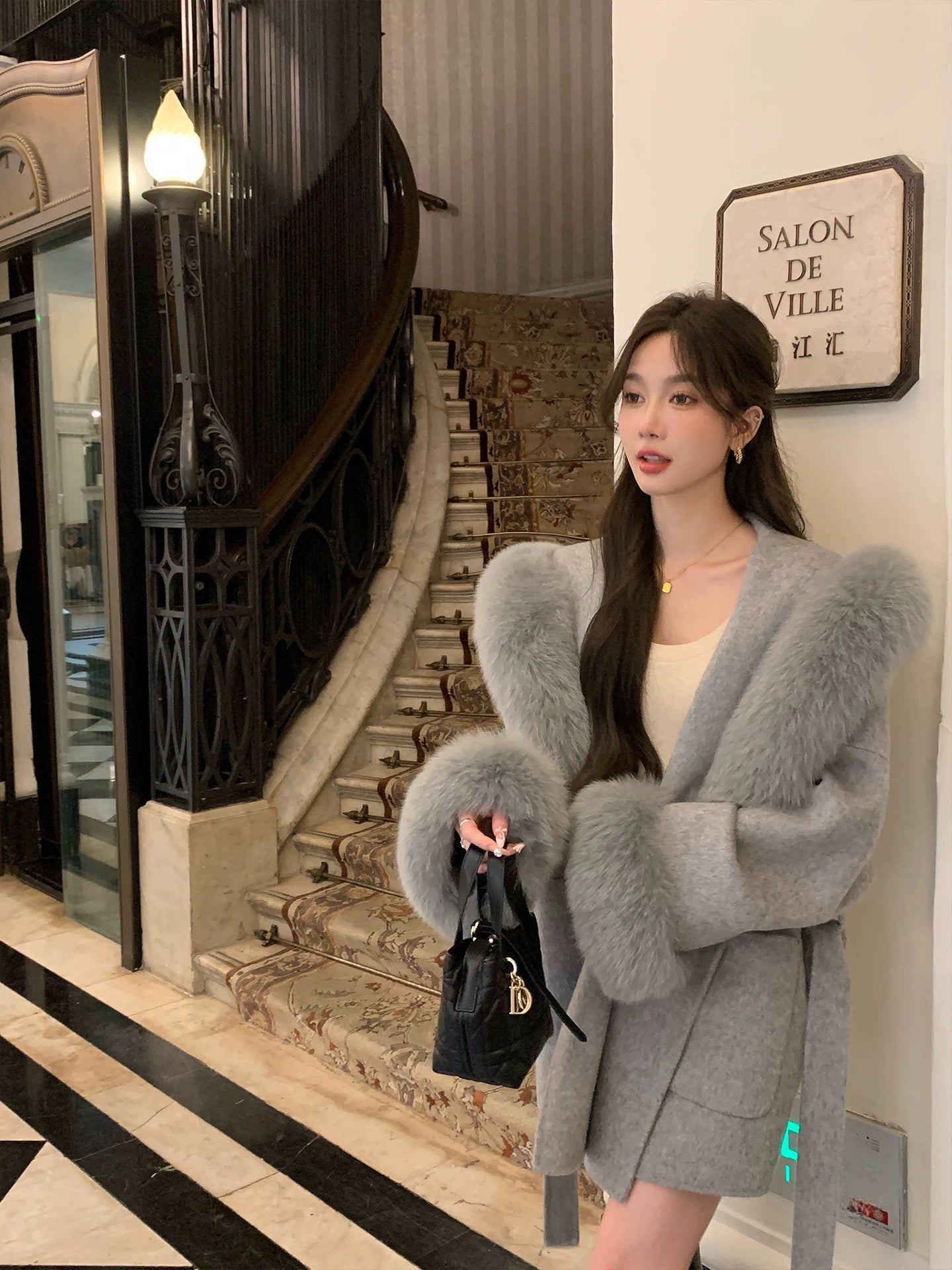 Kelly Designs Fox Fur Wool Grey Coat (Preorder)