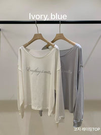 Korean APM vegetable Lettering Wide Neck Long Sleeve Top (Instock)