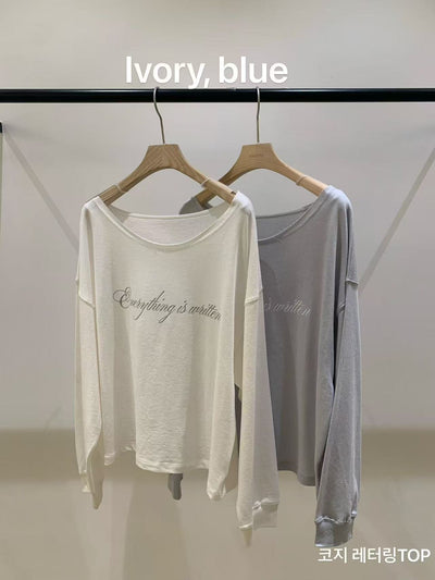 Korean APM vegetable Lettering Wide Neck Long Sleeve Top (Instock)