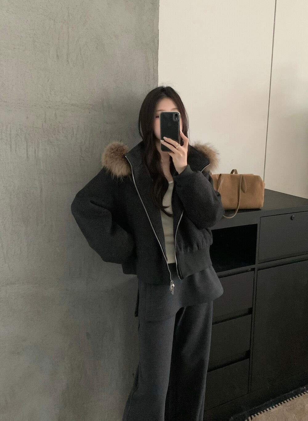 Kelly Designs Minimal Wool-Blend Short Goose Jacket with Detachable Raccoon Fur Collar (Instock)