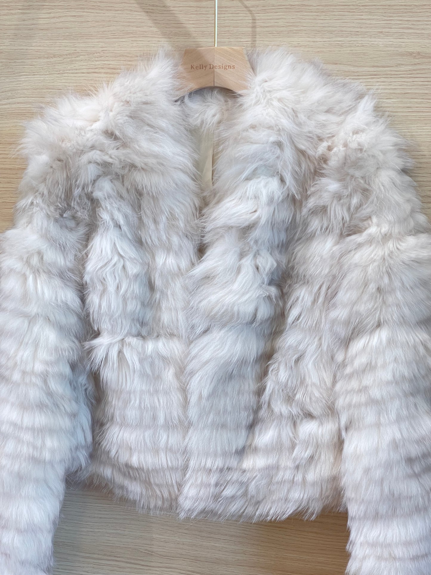 Kelly Designs White Fox Fur Coat with Panel Stitch Design- V Neck(Instock)
