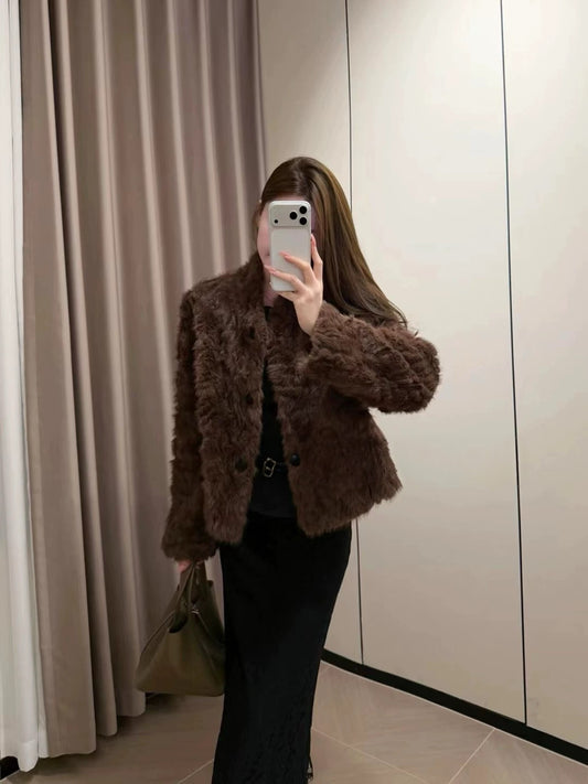 Kelly Designs Natural Curly Faux Lamb Fur Coat – Eco-Friendly Plush Winter Brown Jacket (Instock)