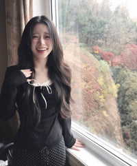 Korean Beauté Ribbon Shirring Top - Black (Instock)