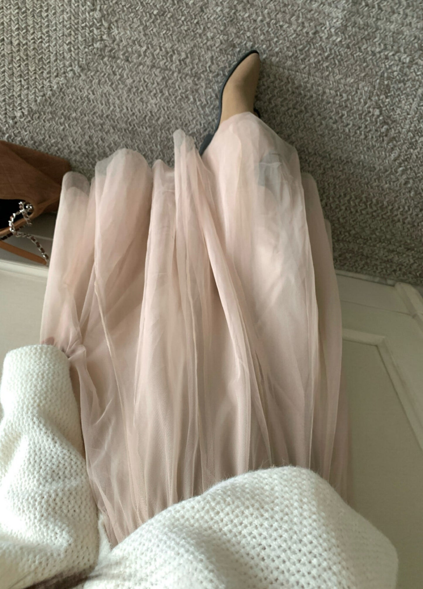 Kelly Designs Off-Shoulder Knit Sweater with Back Ribbon Tie & Khaki Skirt (Instock)