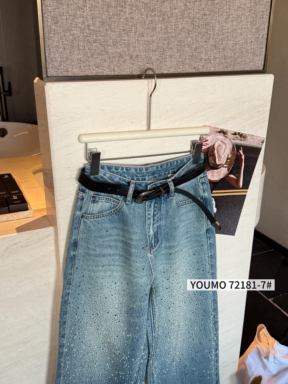 Kelly Designs Rhinestone Wide-Leg Jeans with Belt – Vintage Blue (Instock)