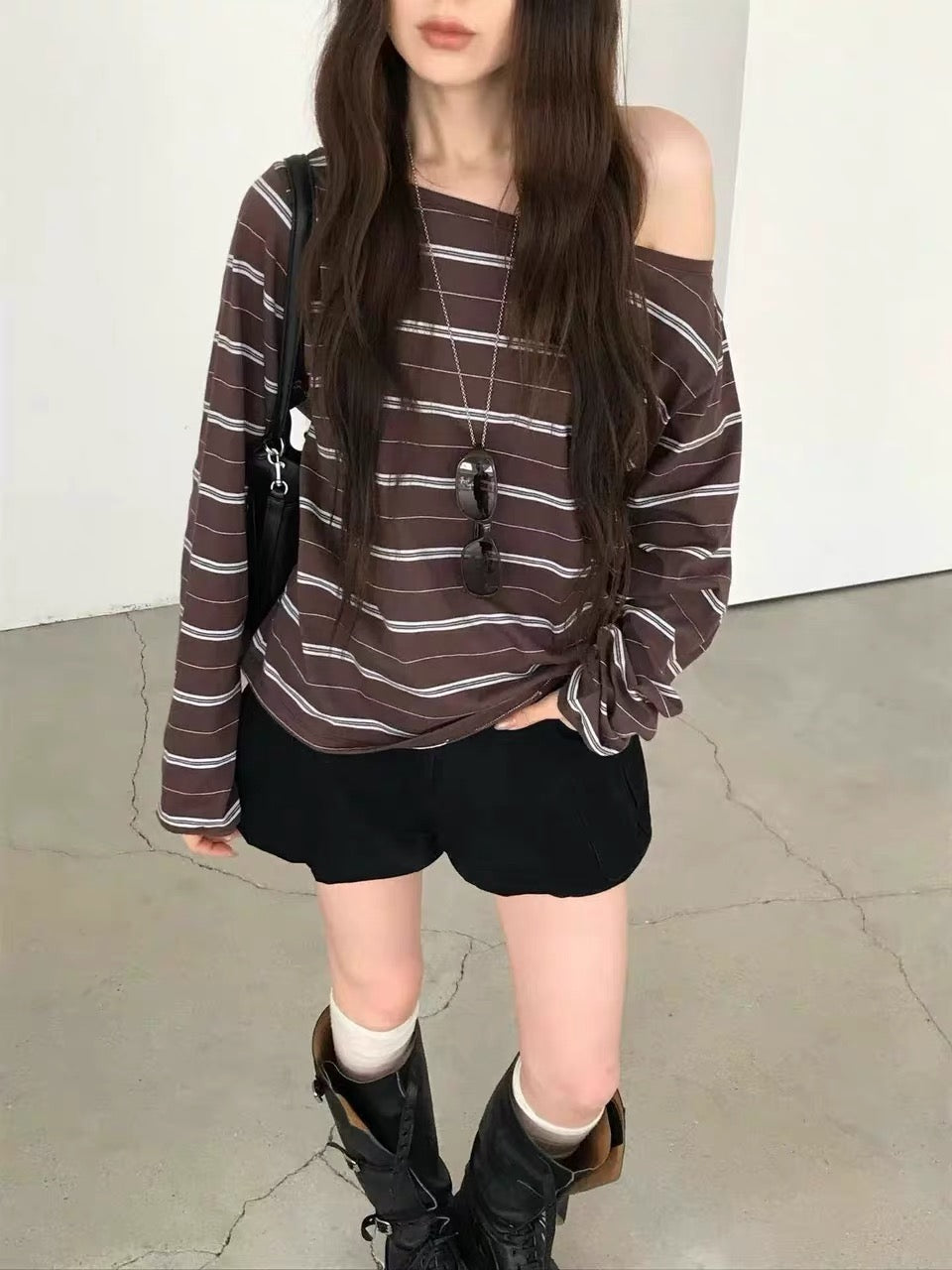 Korean Collection | Off-Shoulder Stripe Long Sleeve Top (Instock)