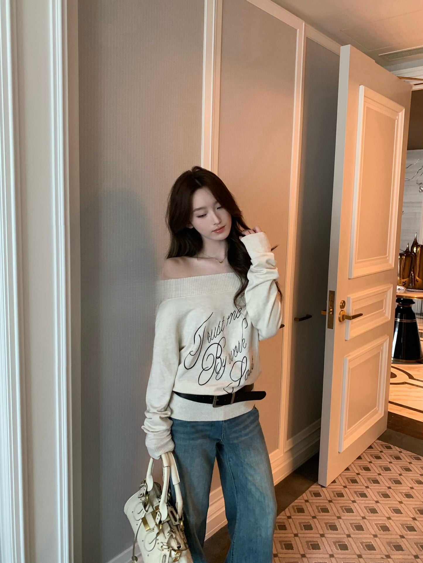 Kelly Designs Off-Shoulder Letter Knit Top with Belt (6% Wool Blend) (Instock)