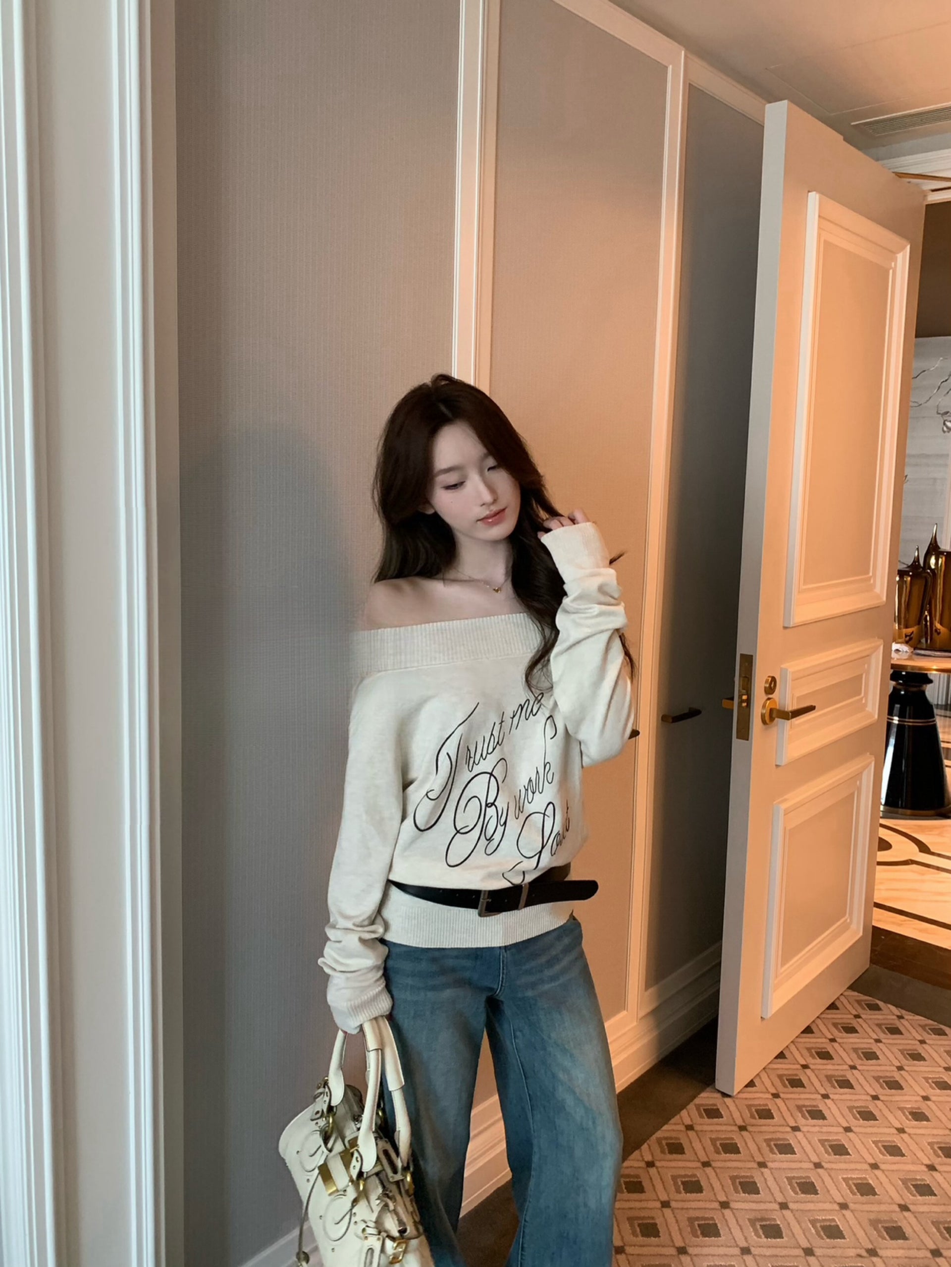 Kelly Designs Off-Shoulder Letter Knit Top with Belt (6% Wool Blend) (Instock)