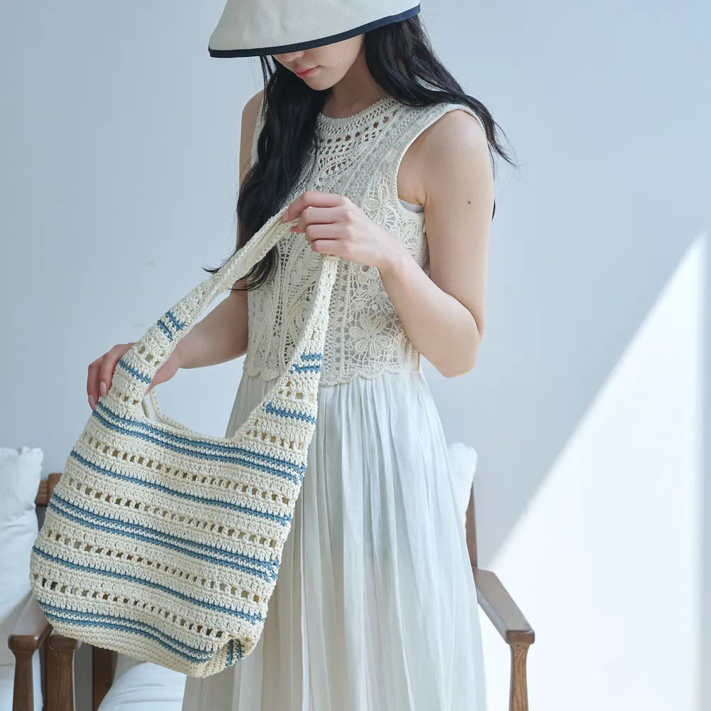 Korean Pippi Striped Crochet Shoulder Bag – Cream & Blue (Instock)