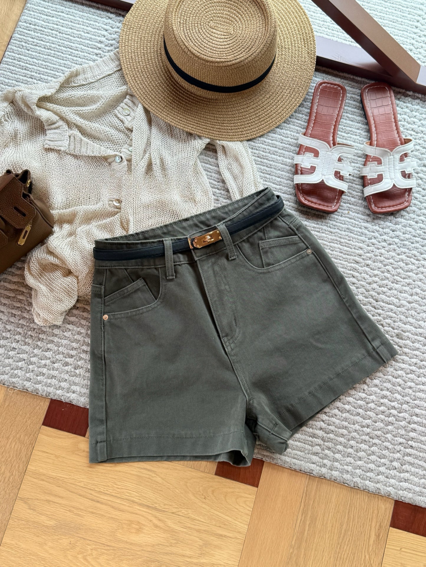 Kelly Designs Soft Denim Shorts With Belt -Charcoal Green (Instock)