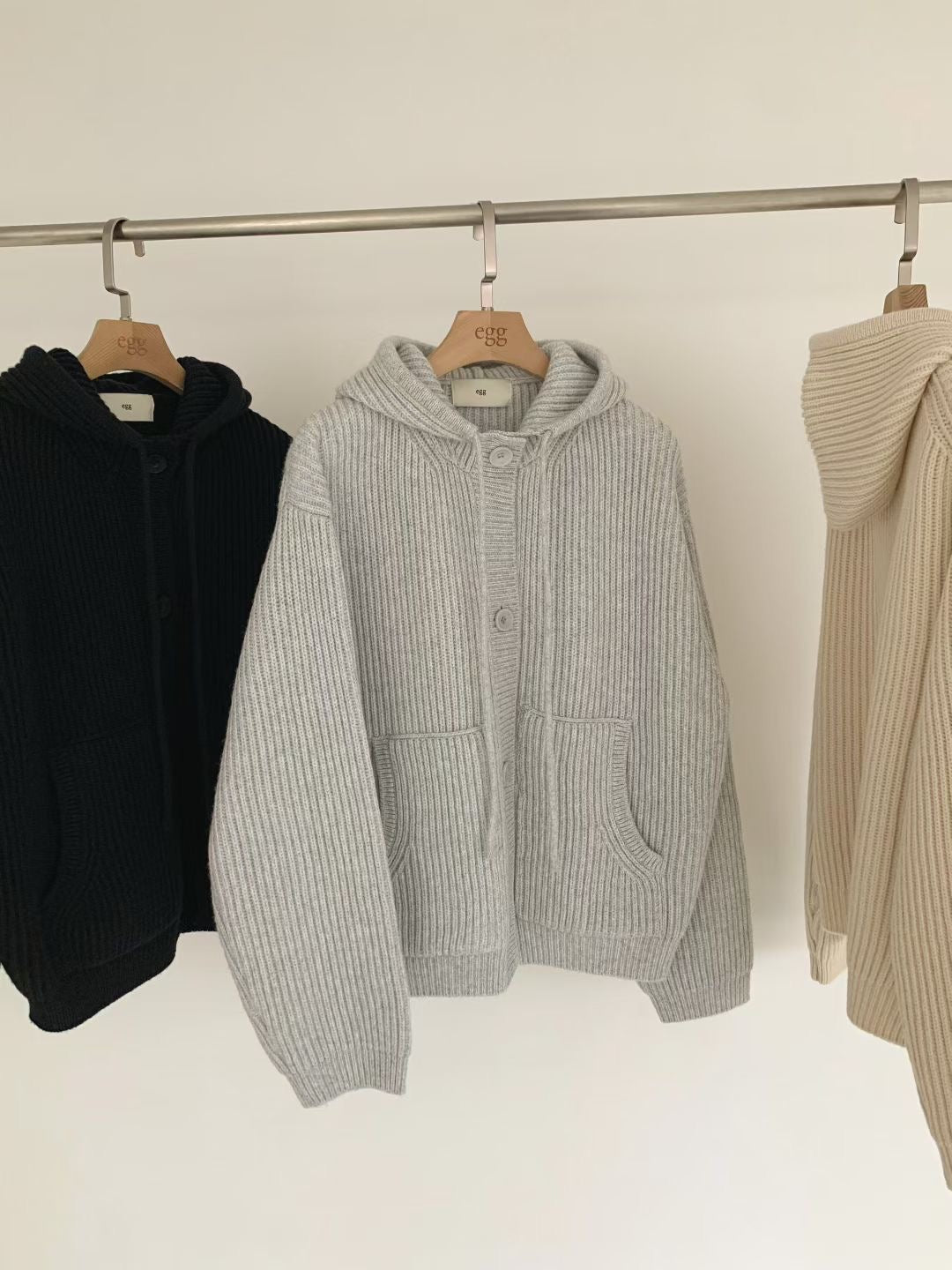 Korean APM Collection EGG Button Up Black Hoodie Wool Cardigan (Instock)